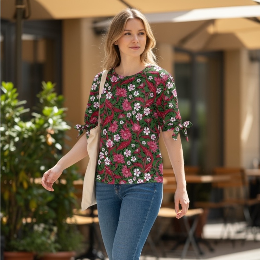 NWT ZARA FLORAL COTTON TIED SLEEVE TOP MEDIUM
